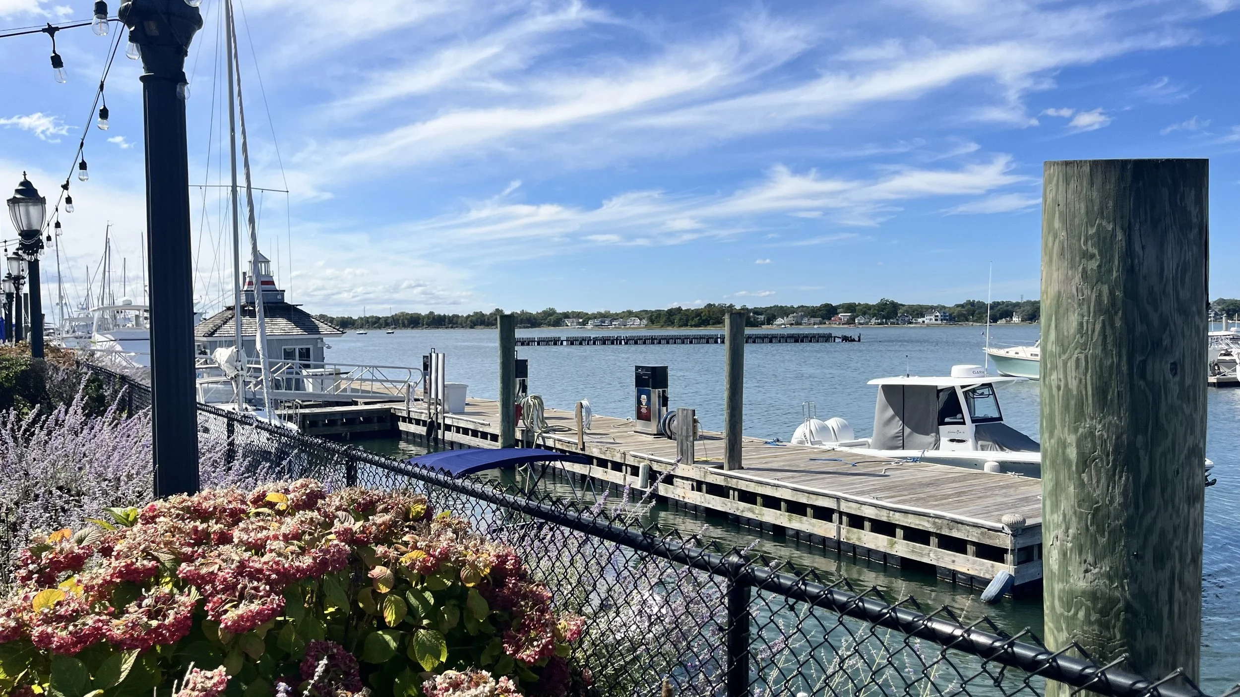A scenic view of a marina with boats docked along a wooden pier, surrounded by colorful flowers and greenery under a partly cloudy blue sky.
