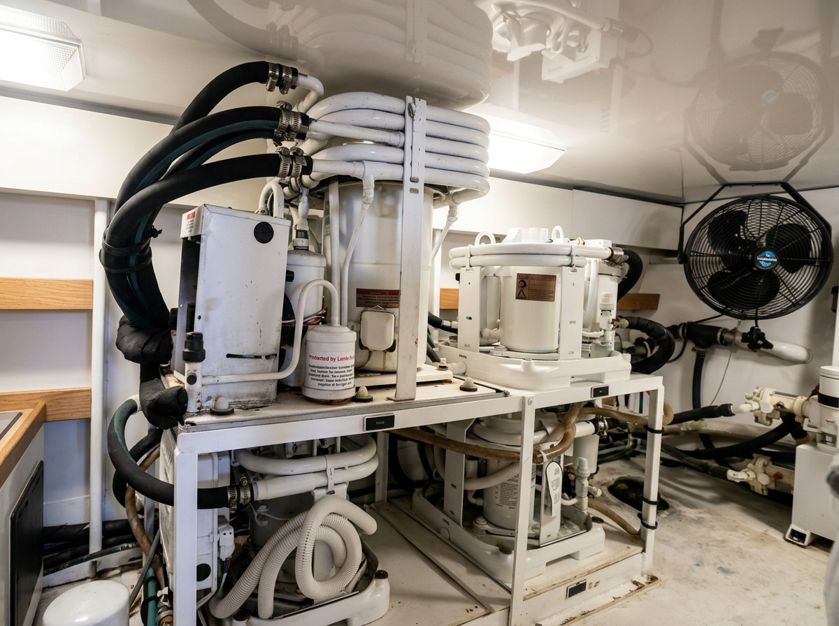 HVAC or refrigeration system with pipes, filters, and fans installed in a mechanical room.
