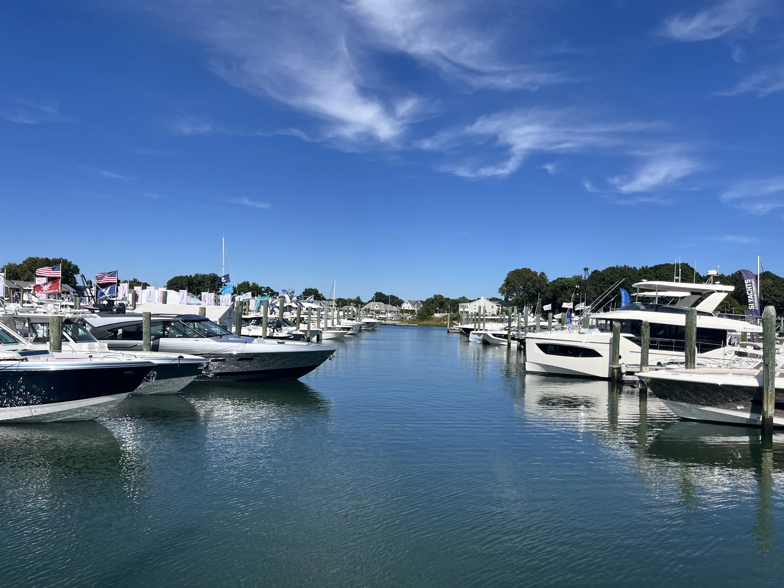 Marina with boats docked on calm water under a blue sky with wispy clouds and trees in the background.