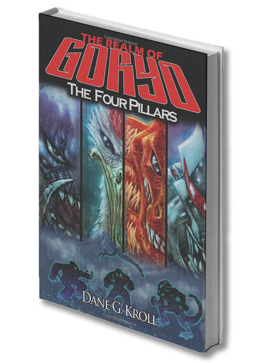 Book cover for The Realm of Goryo: The Four Pillars by Dane G. Kroll, featuring four fantasy-themed panels.