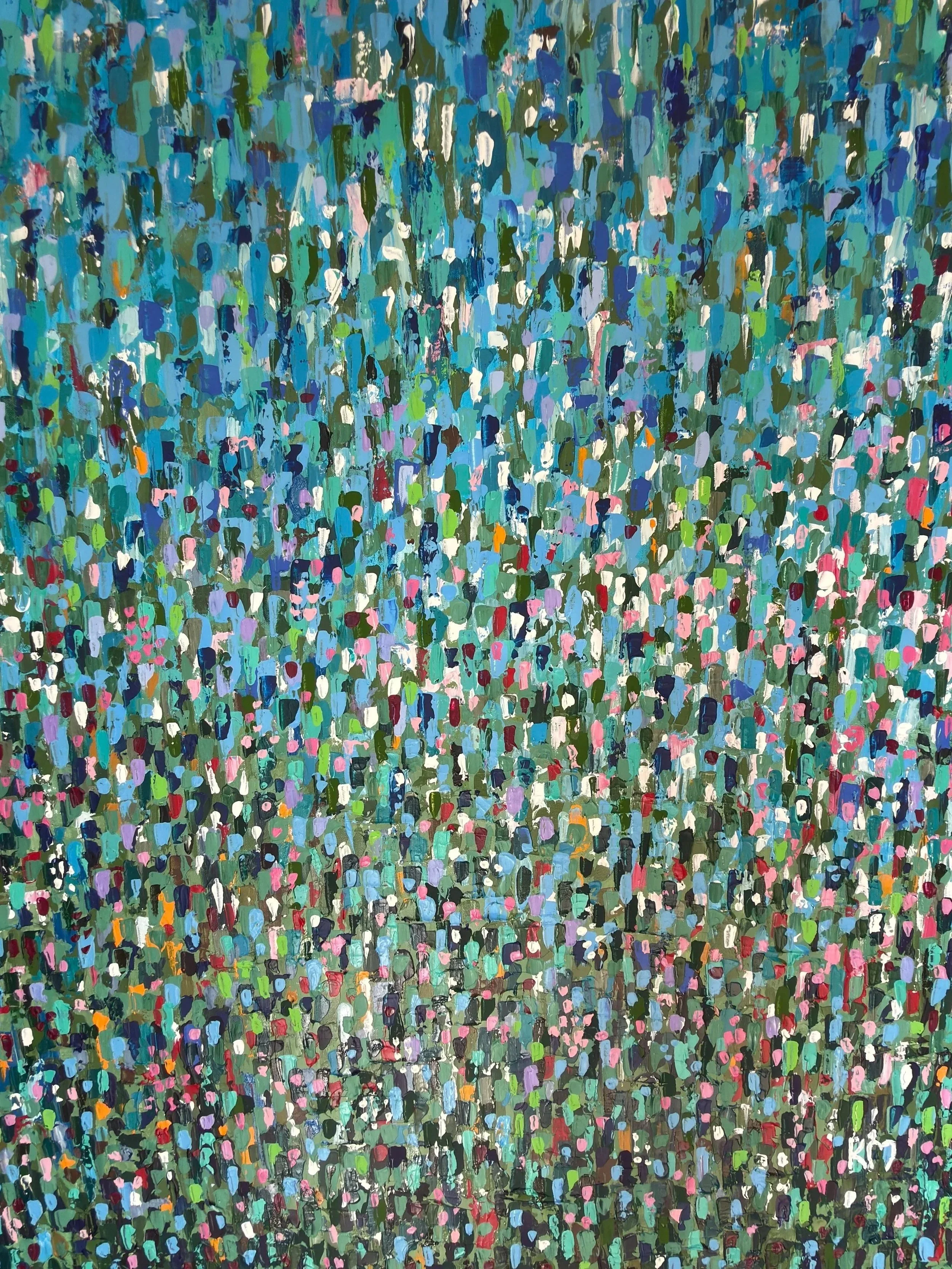 Abstract painting with densely packed brushstrokes in shades of blue, green, pink, purple, red, and black.