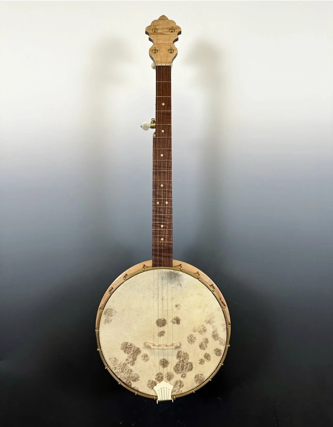 A vintage banjo with a round, light-colored body and a wooden neck, set against a neutral background.
