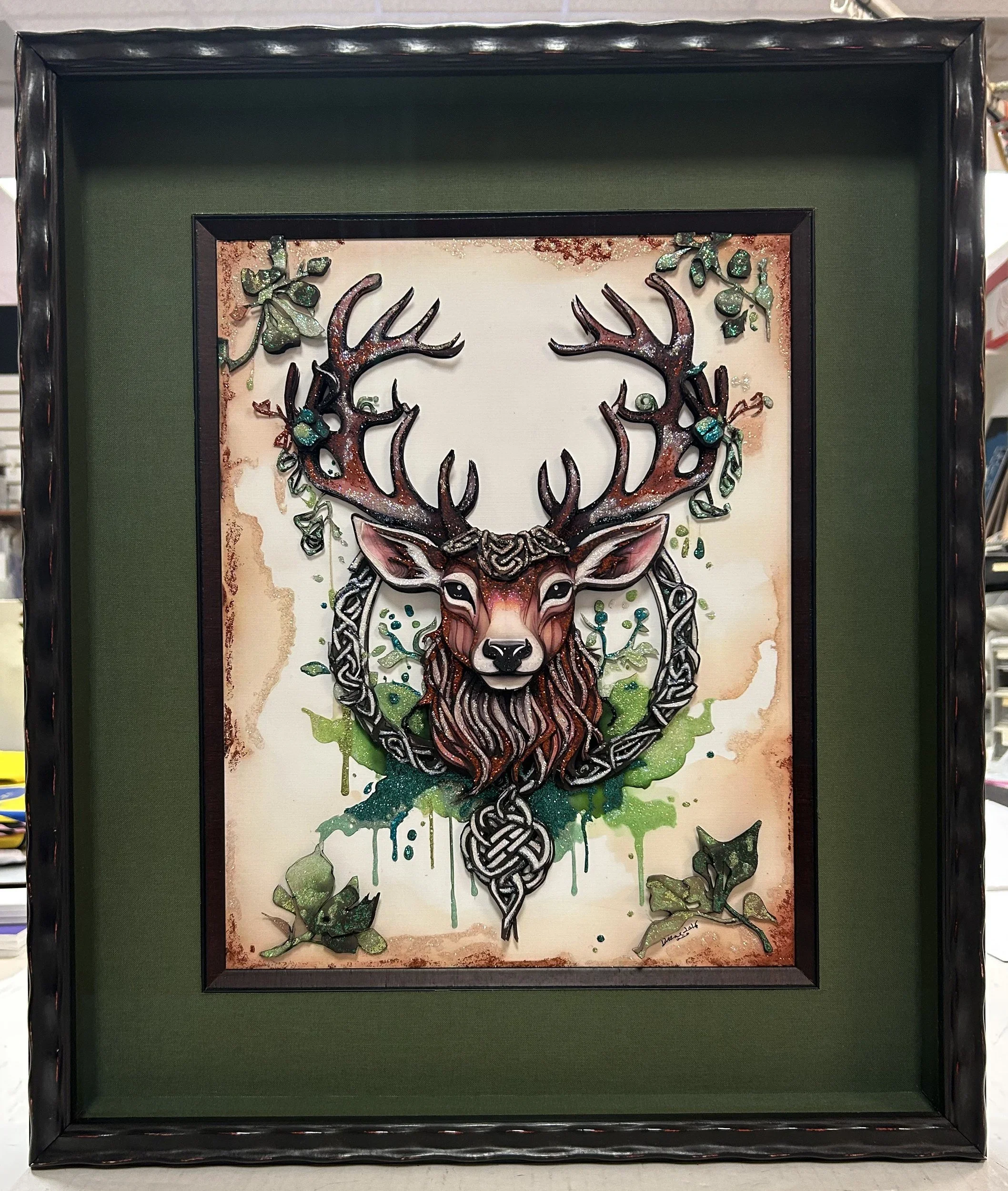 framed-celtic-stag-art-green-linen-mat-caran-art-and-frame.webp
