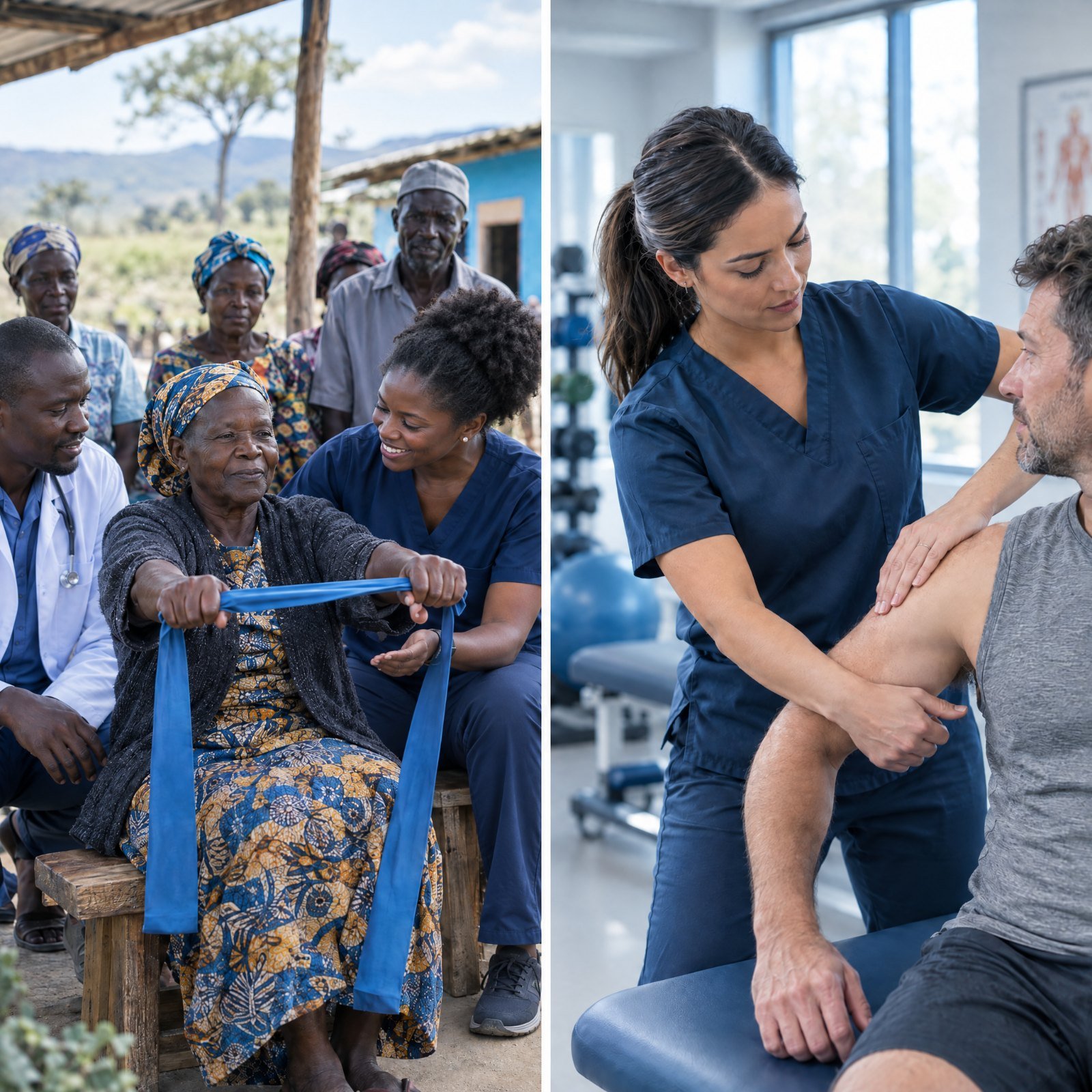 A physical therapist coaching an older woman with a resistance band at a community health post, and a therapist assessing a patient's shoulder in a clinic