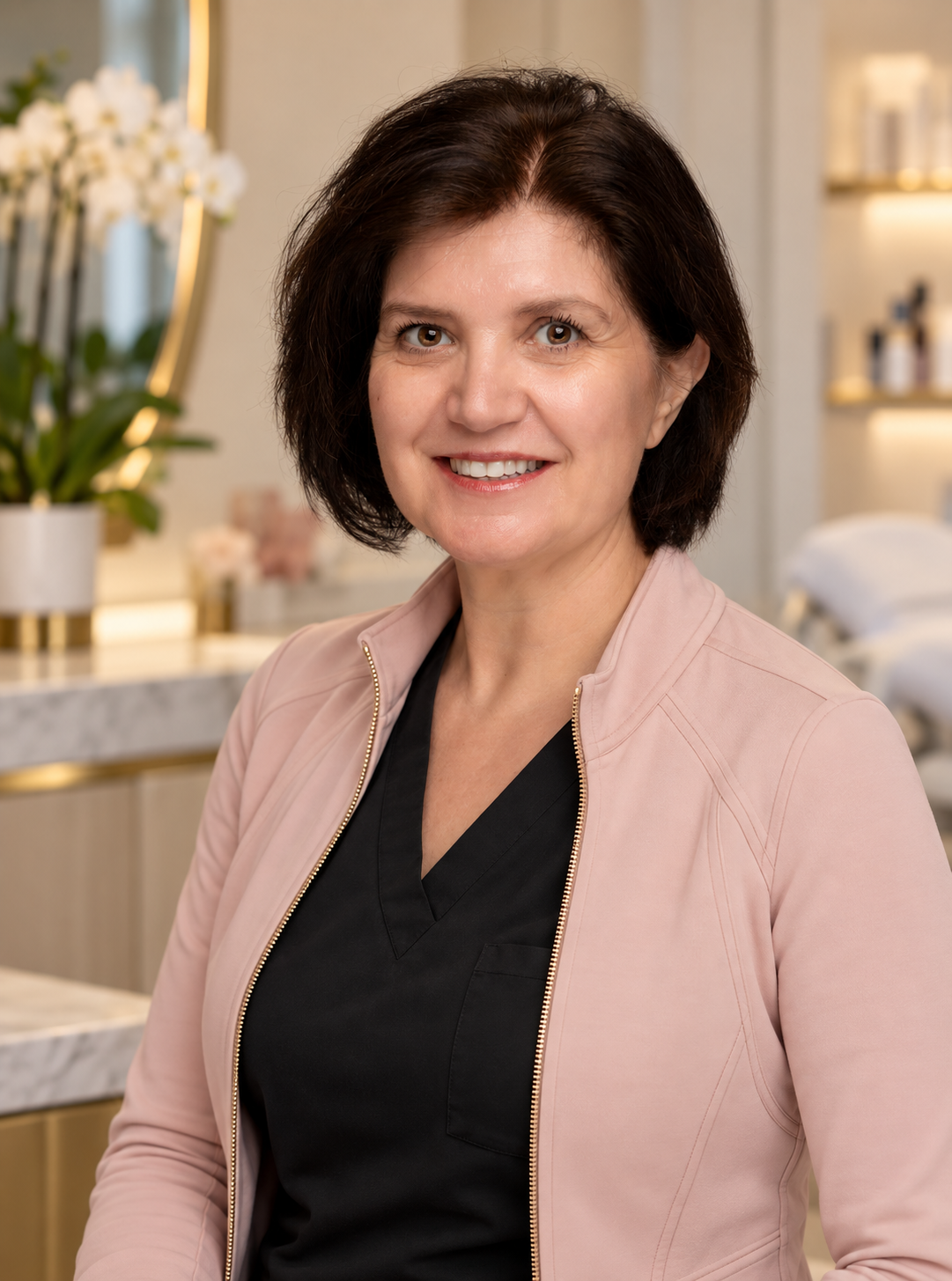 A woman with short dark hair and a light pink jacket smiling in a well-lit interior space with flowers and medicine bottles in the background.