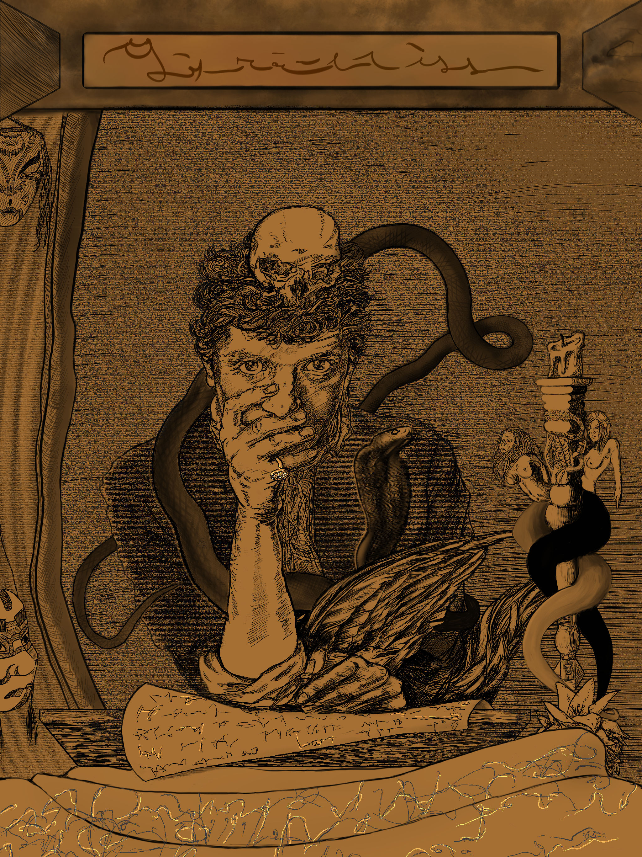 Sepia-toned ink portrait of an introspective occultist with an eroded skull embedded in his hair, a black serpent coiled around his body and a hand resting over a dead bird and an inscribed parchment. Reinterpreted from 1912 Austin Osman Spare.