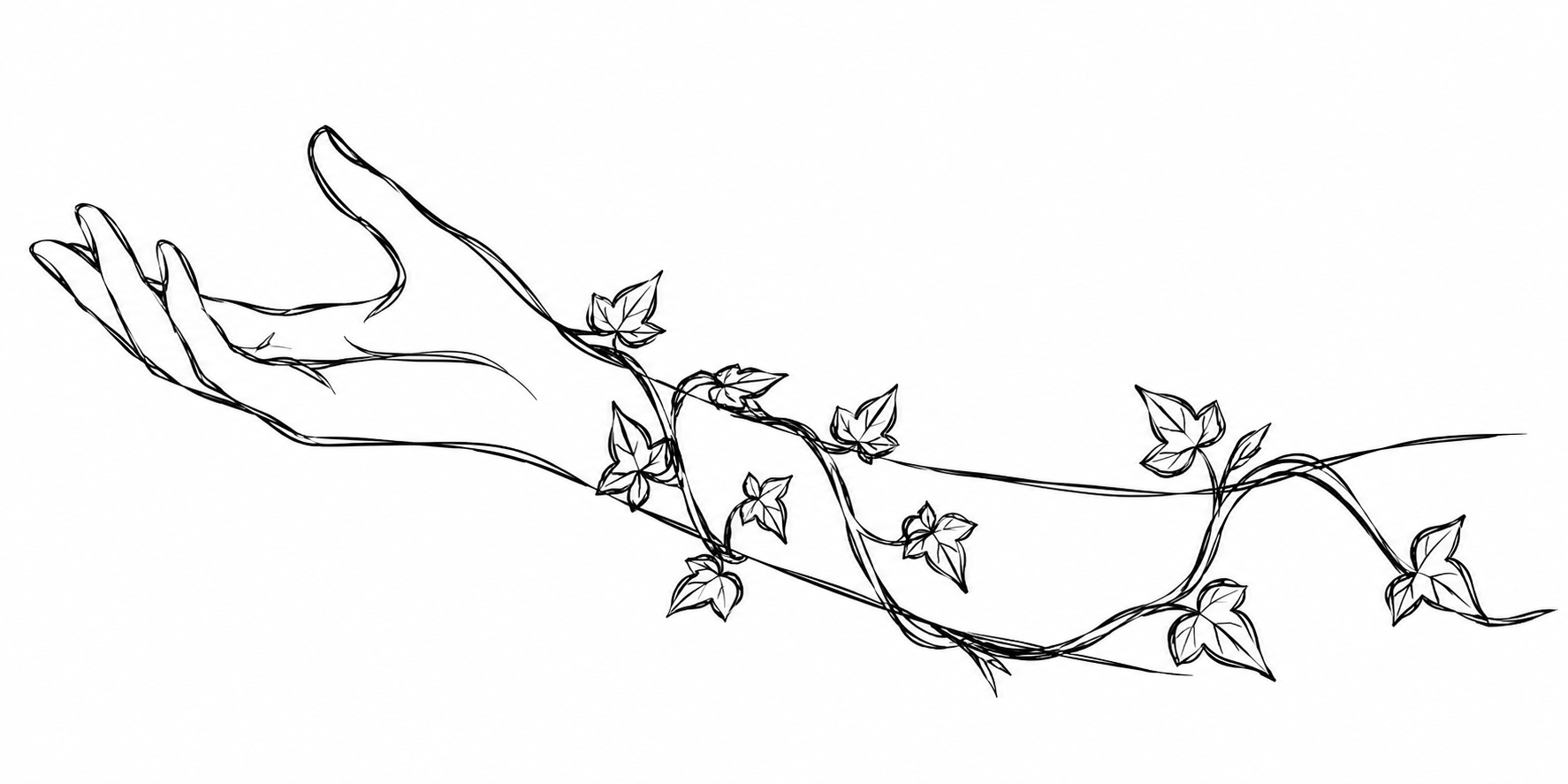 Line drawing of a hand with vines and leaves intertwined around the arm and hand.