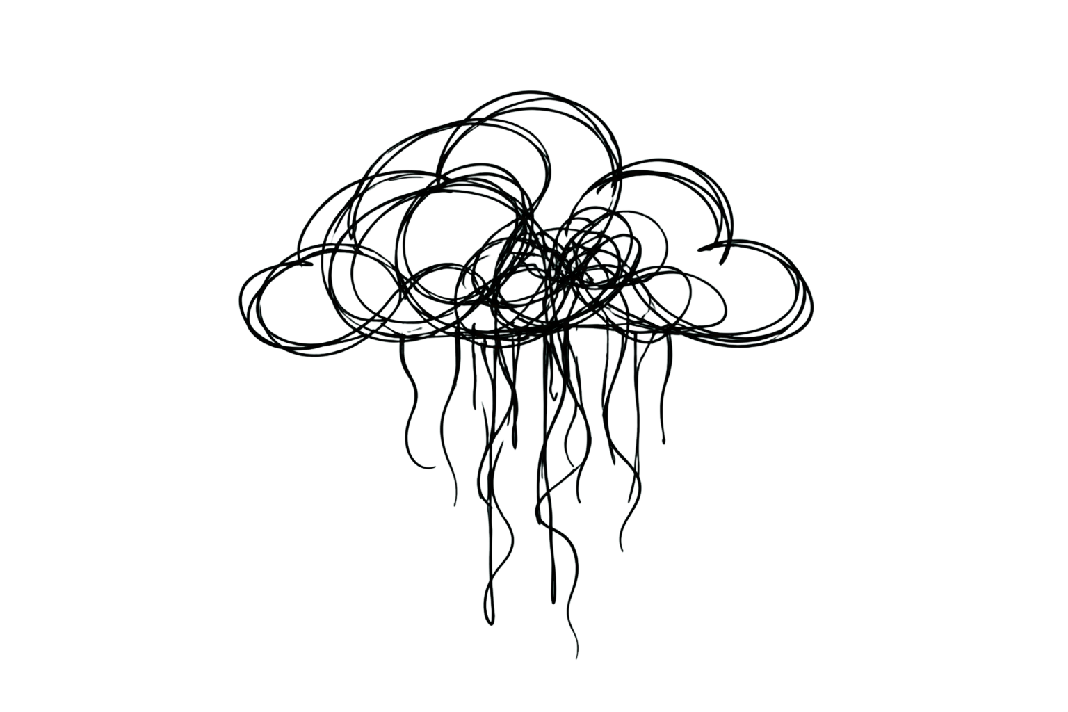 A black background with a neon-style line drawing of a tangled cloud with long, draping tendrils.