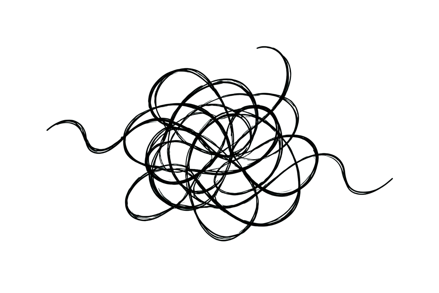 A black background with a chaotic, tangled mess of thin, light-colored lines in the center.