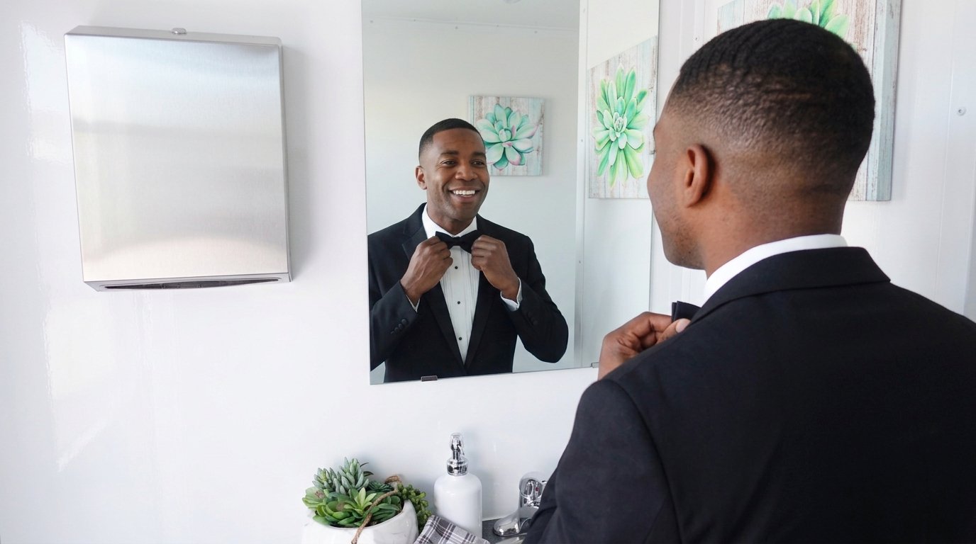 A man in formal black tuxedo adjusting his bow tie, smiling at his reflection in a bathroom mirror, with green succulent artwork on the wall behind him.
