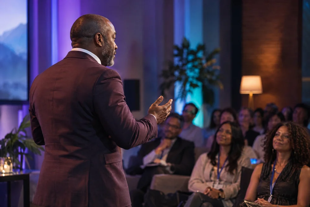 A speaker sharing practical ideas with an engaged audience