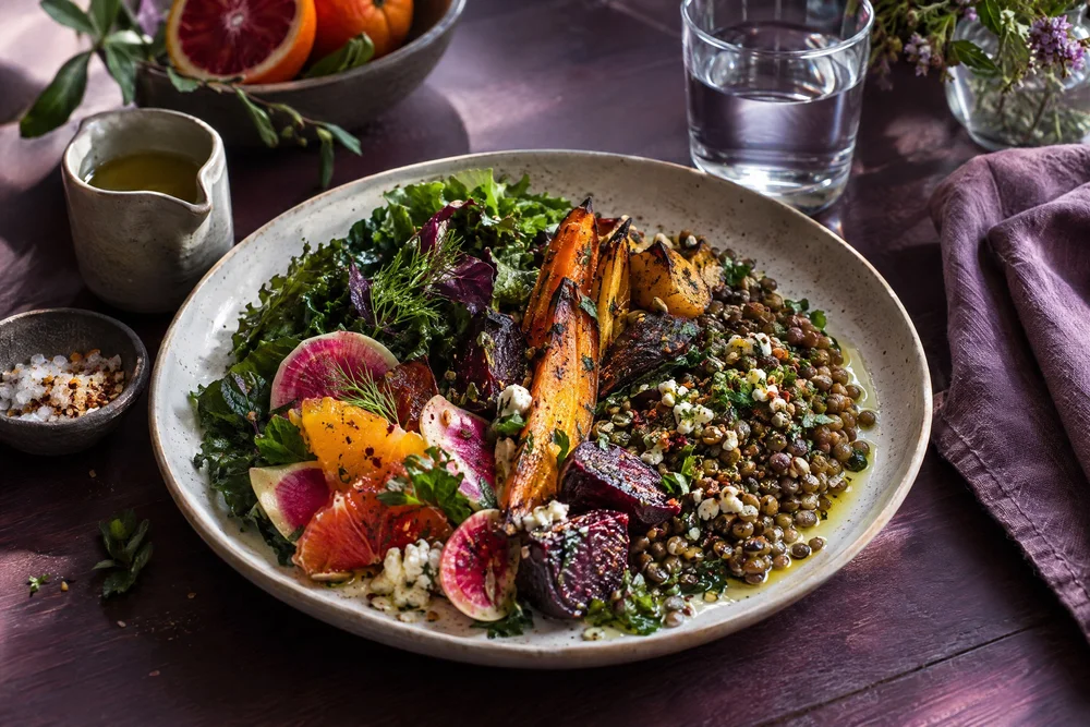 A nourishing whole-food meal with colorful vegetables and herbs