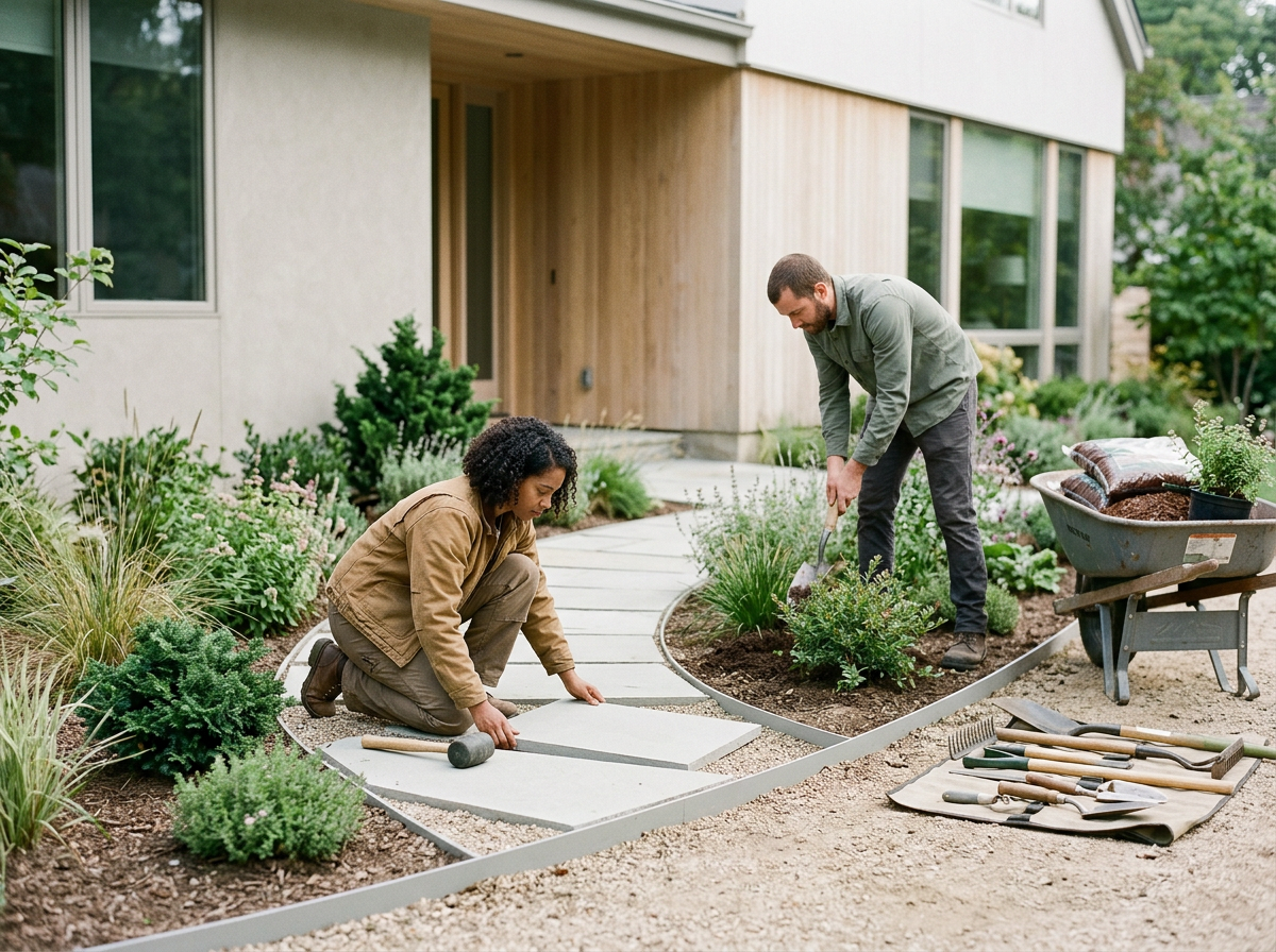 Two people working on laying pavers for a garden pathway outside a house. One person is kneeling and placing a paver, the other is standing and using a tool to press or level the paver. Gardening tools and supplies are nearby.