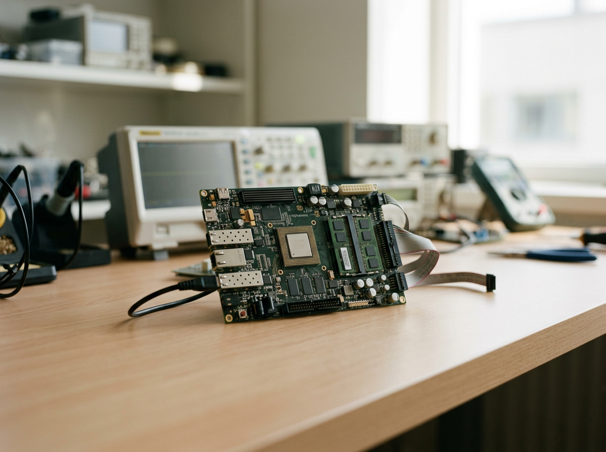 An FPGA development kit placed on a workbench with tools and electronic testing equipment in the background.