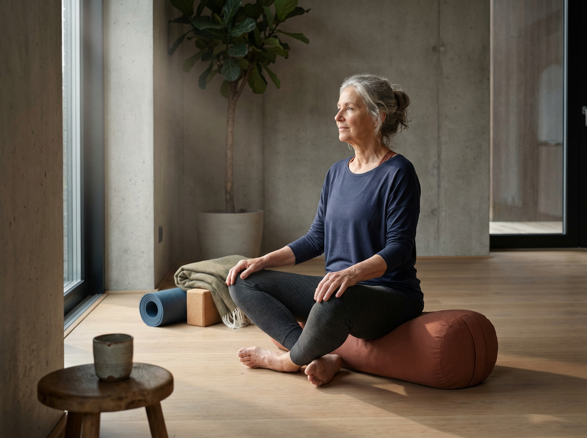 Elderly woman practicing yoga in a modern living room, sitting cross-legged on a bolster, with yoga mats and a potted plant nearby.