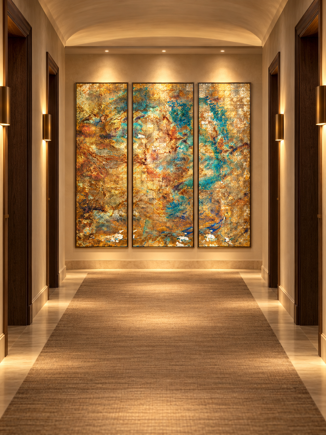 A modern hotel corridor with warm lighting and a large colorful abstract triptych painting on the wall.