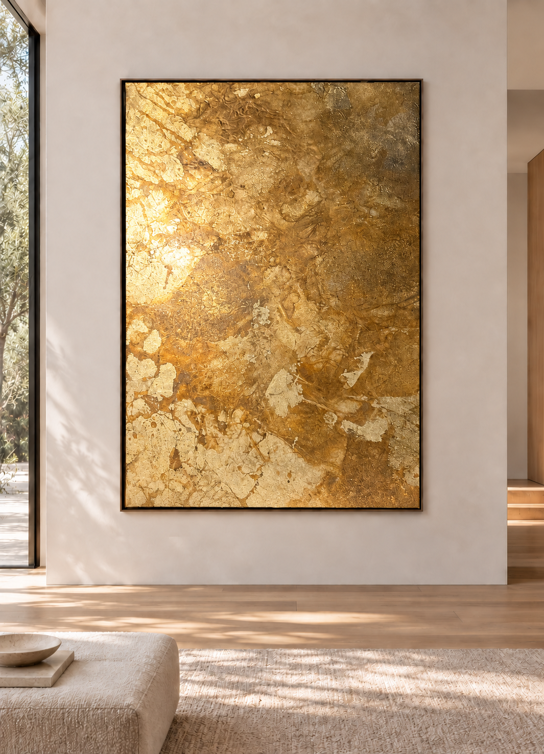 Large abstract gold and brown textured artwork on white gallery wall