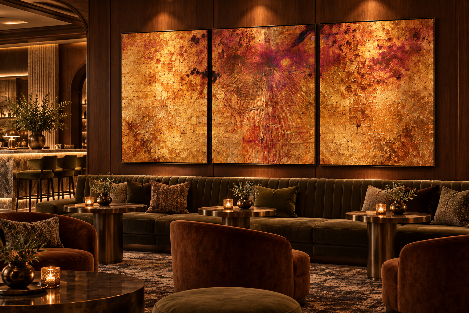 A luxurious hotel lounge with dark green velvet sofa, leather armchairs, and round wooden tables with vases and candles. Large triptych abstract art with warm orange and gold tones decorates the wooden wall behind the sofa.