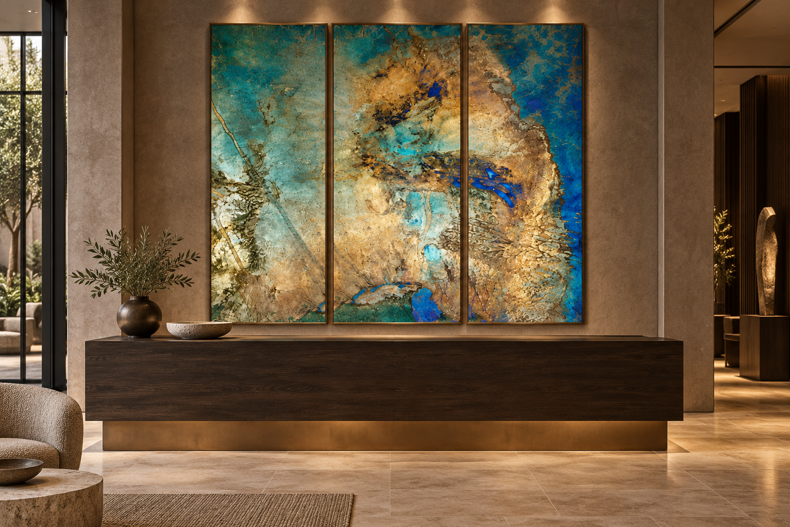 Modern hotel lobby with abstract multi-pane wall art, dark wood console table with decorative bowl and plant in a round vase, tan armchair, and large windows with outside greenery.