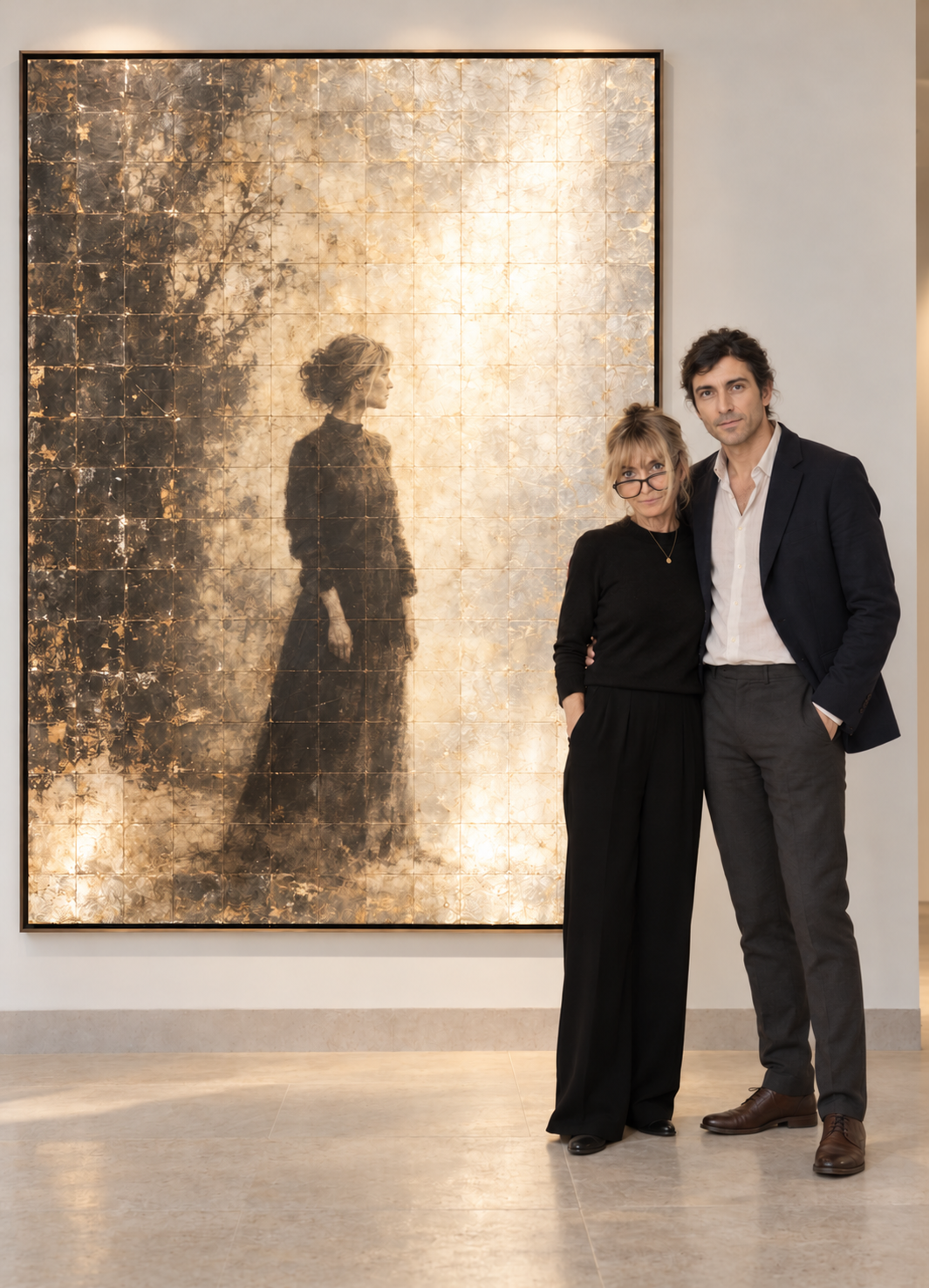 thom jordan and his mother Debbie beside a silver leaf artwork in a gallery