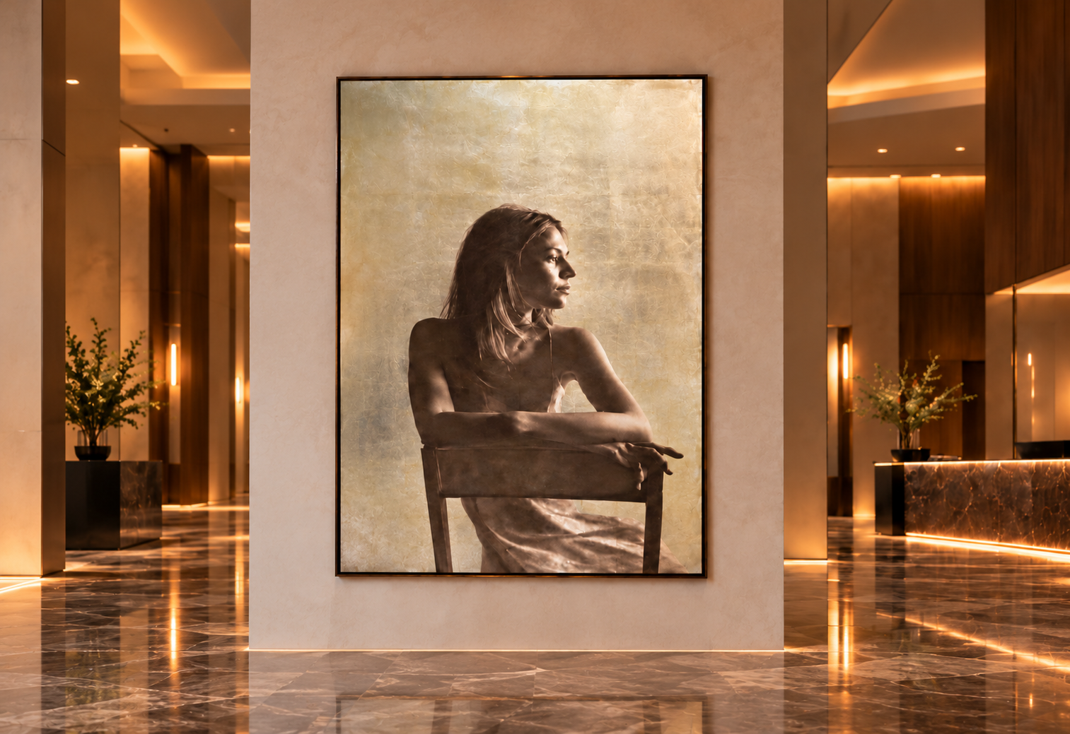 Large artwork of a woman with shoulder-length hair sitting on a chair, looking to the right, displayed in a modern interior with marble floors and warm lighting.