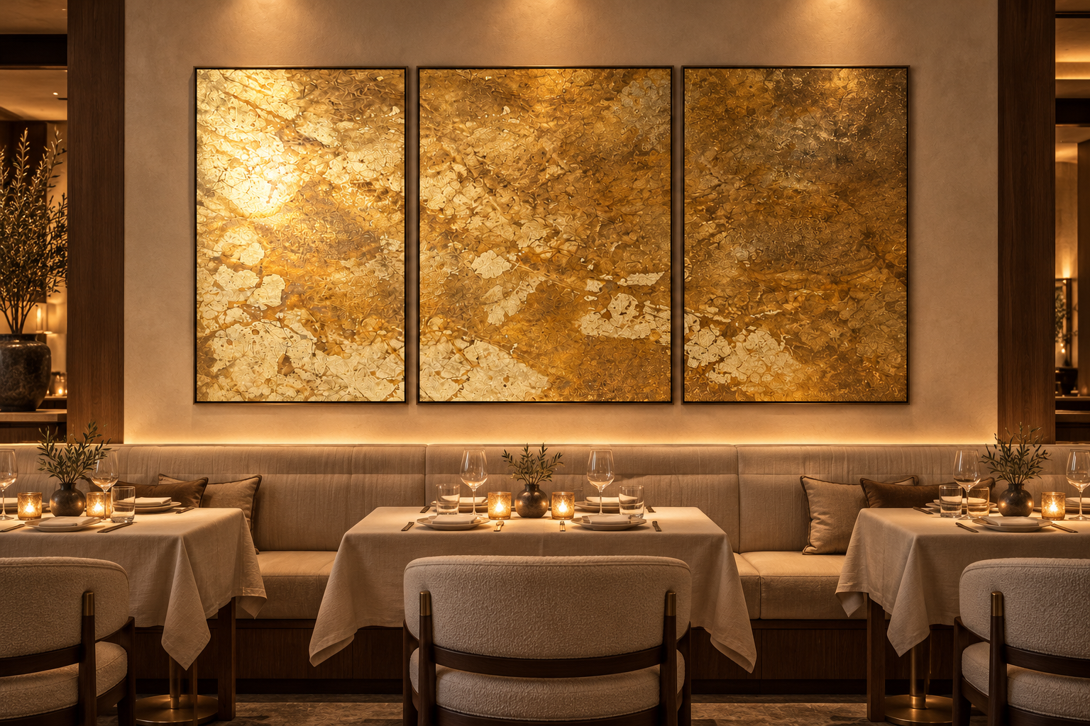 Elegant restaurant dining area with three large gold abstract art pieces on the wall, well-set tables with white tablecloths, wine glasses, candles, and greenery centerpieces, soft lighting creating a warm ambiance.