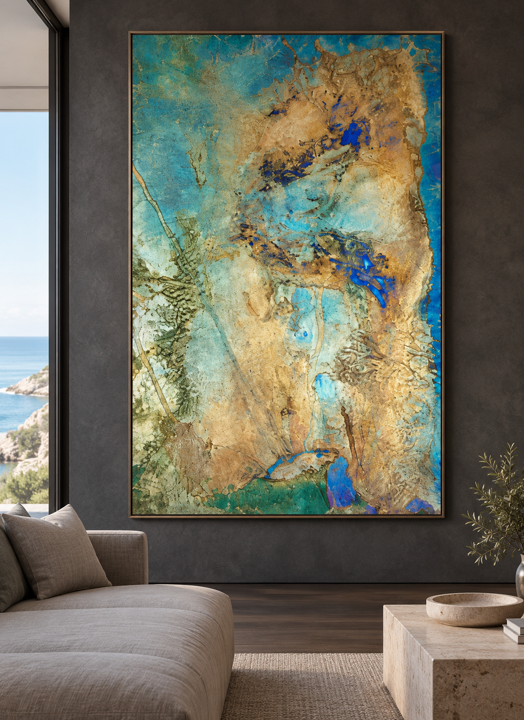 Framed turquoise and gold metal leaf artwork in a hospitality interior.