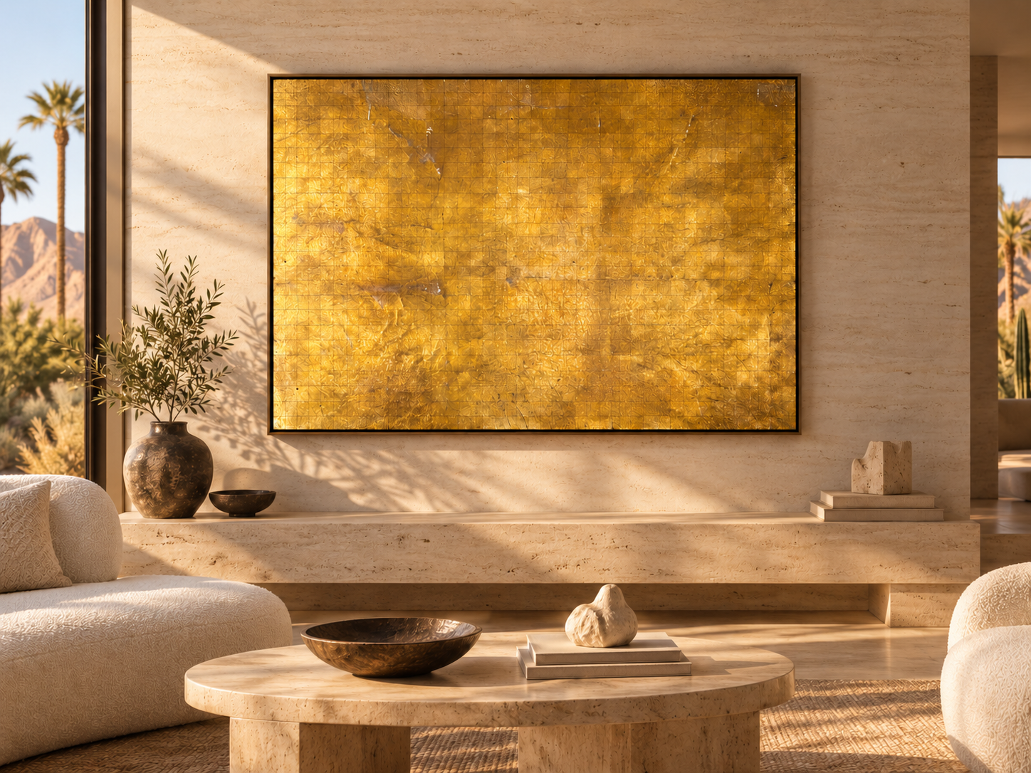 Modern living room with a large yellow abstract painting on a beige wall, a coffee table with decorative bowls and stones, and a potted plant, with desert landscape visible through window.