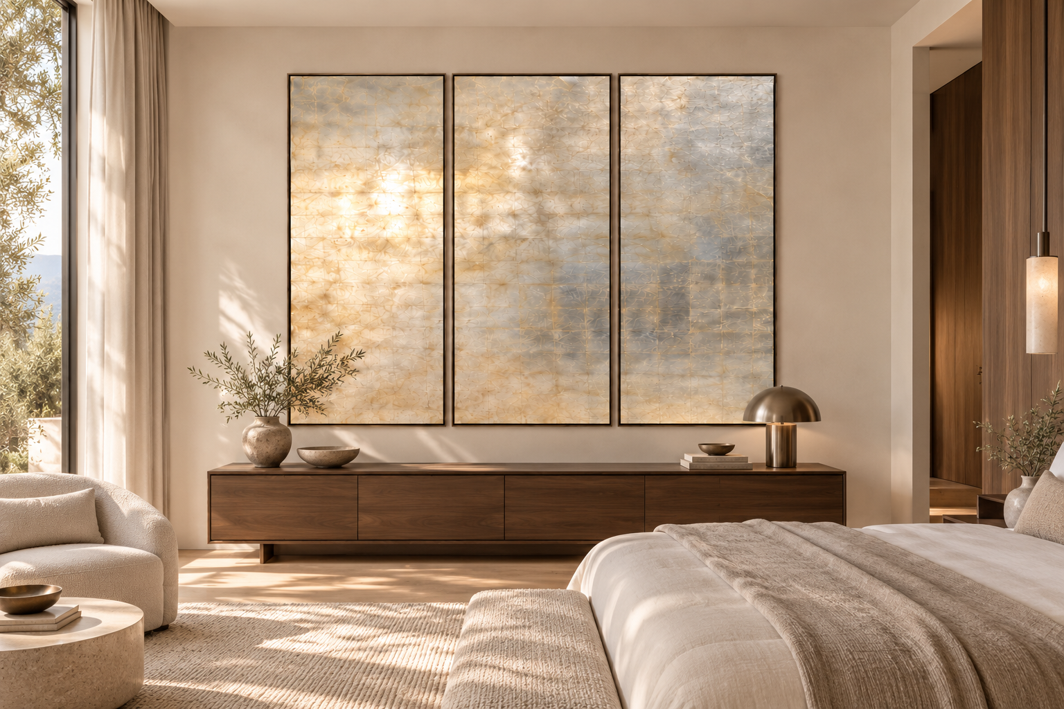 A modern bedroom with a neutral color palette, featuring a large artwork above a wooden sideboard, a white armchair, a round coffee table, and a bed with beige bedding. Natural light streams in from a window.