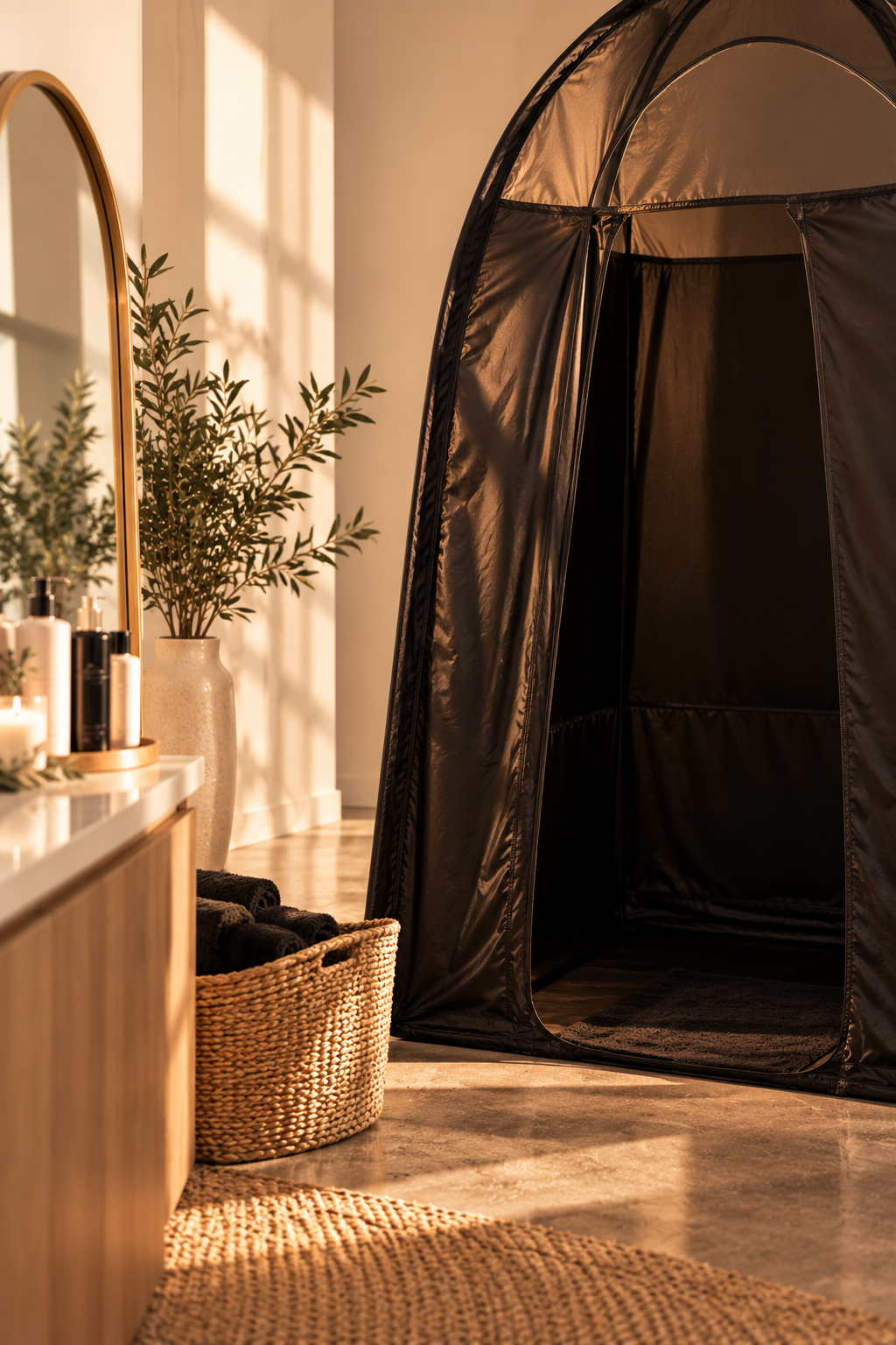 Mobile spray tanning setup featuring a black pop-up tanning tent, towels, and skincare products in a warm, neutral space.