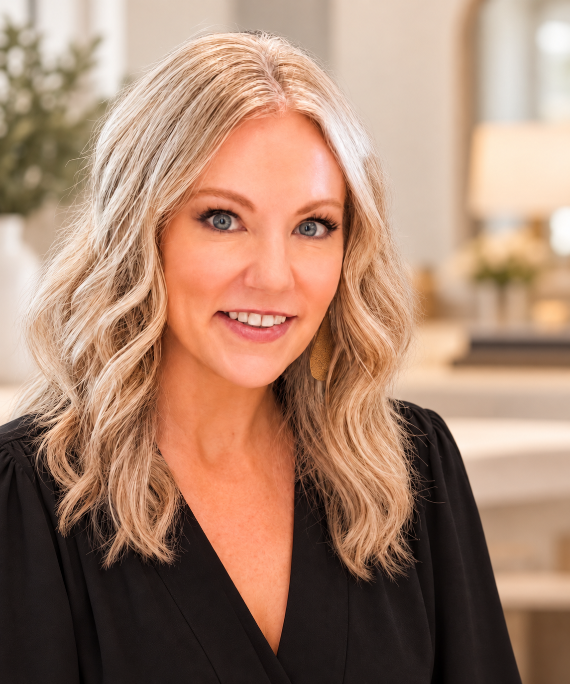 Close-up of a smiling blonde woman with wavy hair, wearing a black top, in a warmly lit room with blurred background.