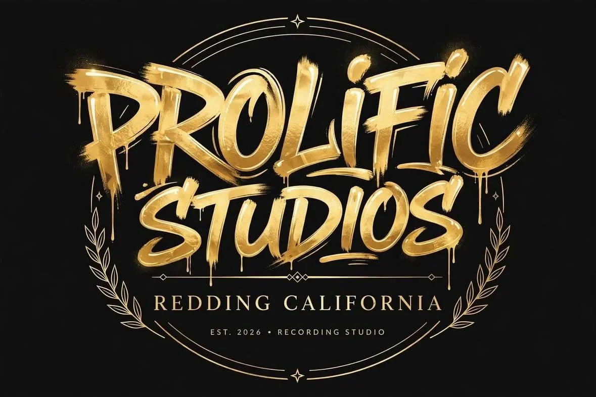 Logo for Prolific Studios in gold lettering on black background, with decorative laurel branches, located in Redding, California, established 2026, for a recording studio.