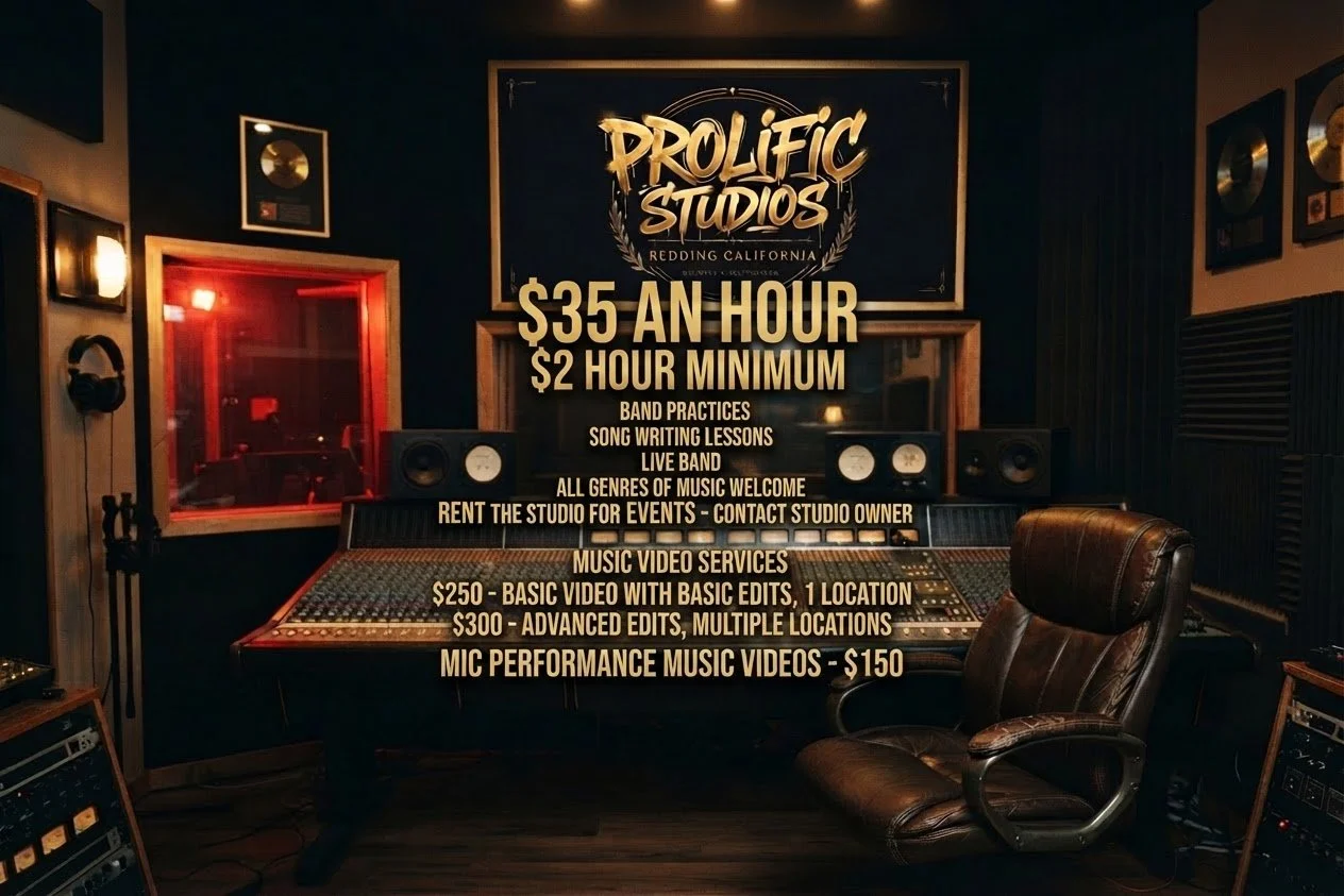 Sign in a recording studio advertising studio rates and services, with a mixing console, studio chair, and sound equipment.