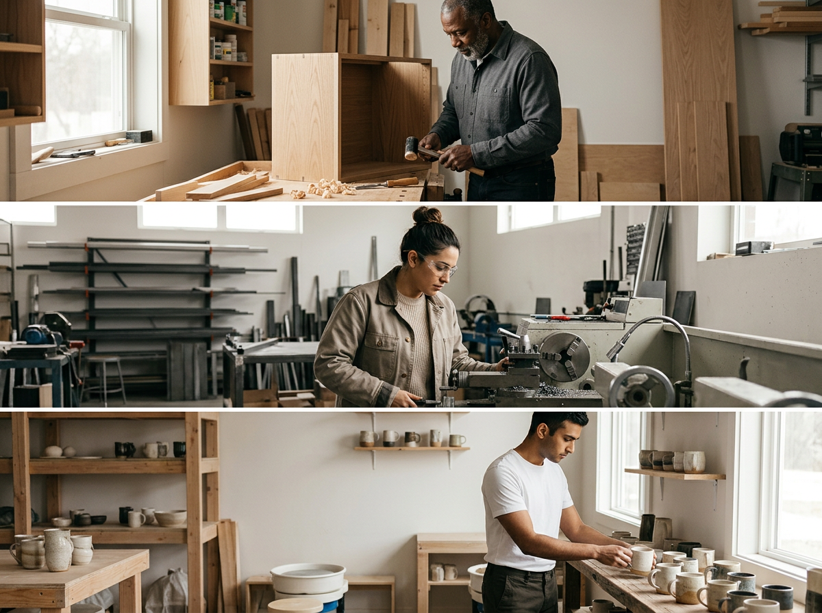 Skilled craftsmen and tradesmen working on various projects including woodworking, metalworking, and pottery.
