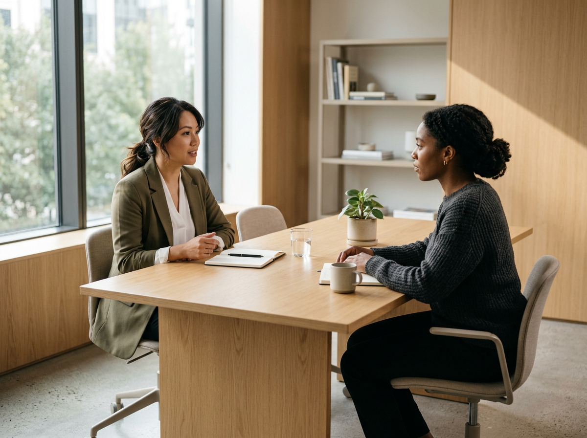 Two women sitting at a wooden table in a modern office with large windows, having a conversation. One woman is dressed in a blazer, the other in a sweater.