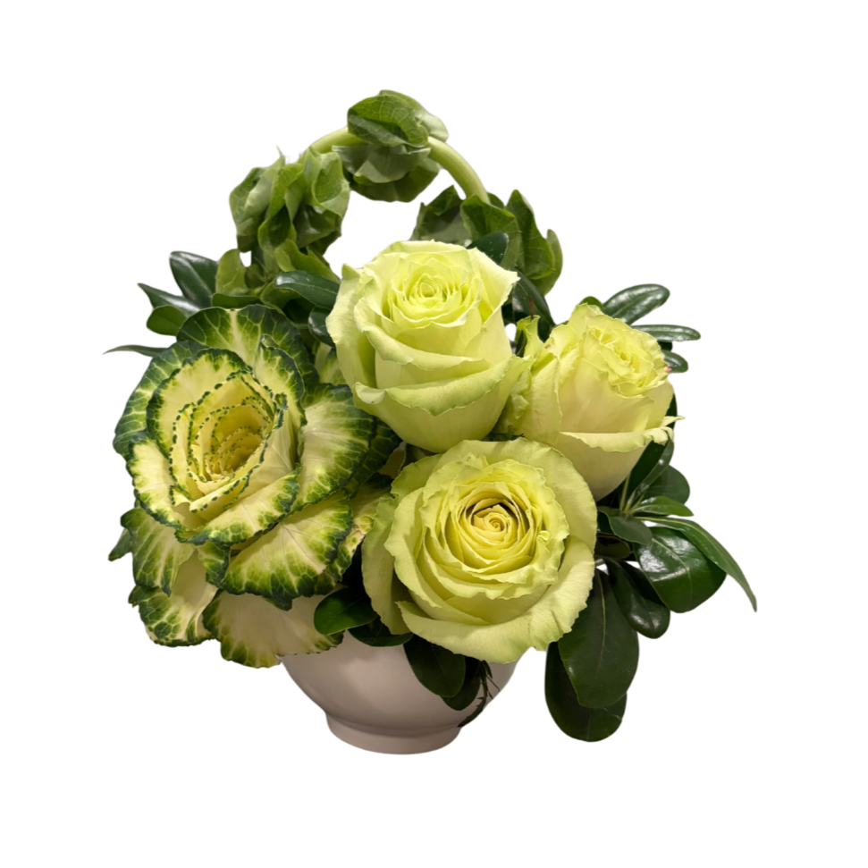 A flower arrangement with cream-colored roses, variegated green and cream roses, and greenery in a white vase.