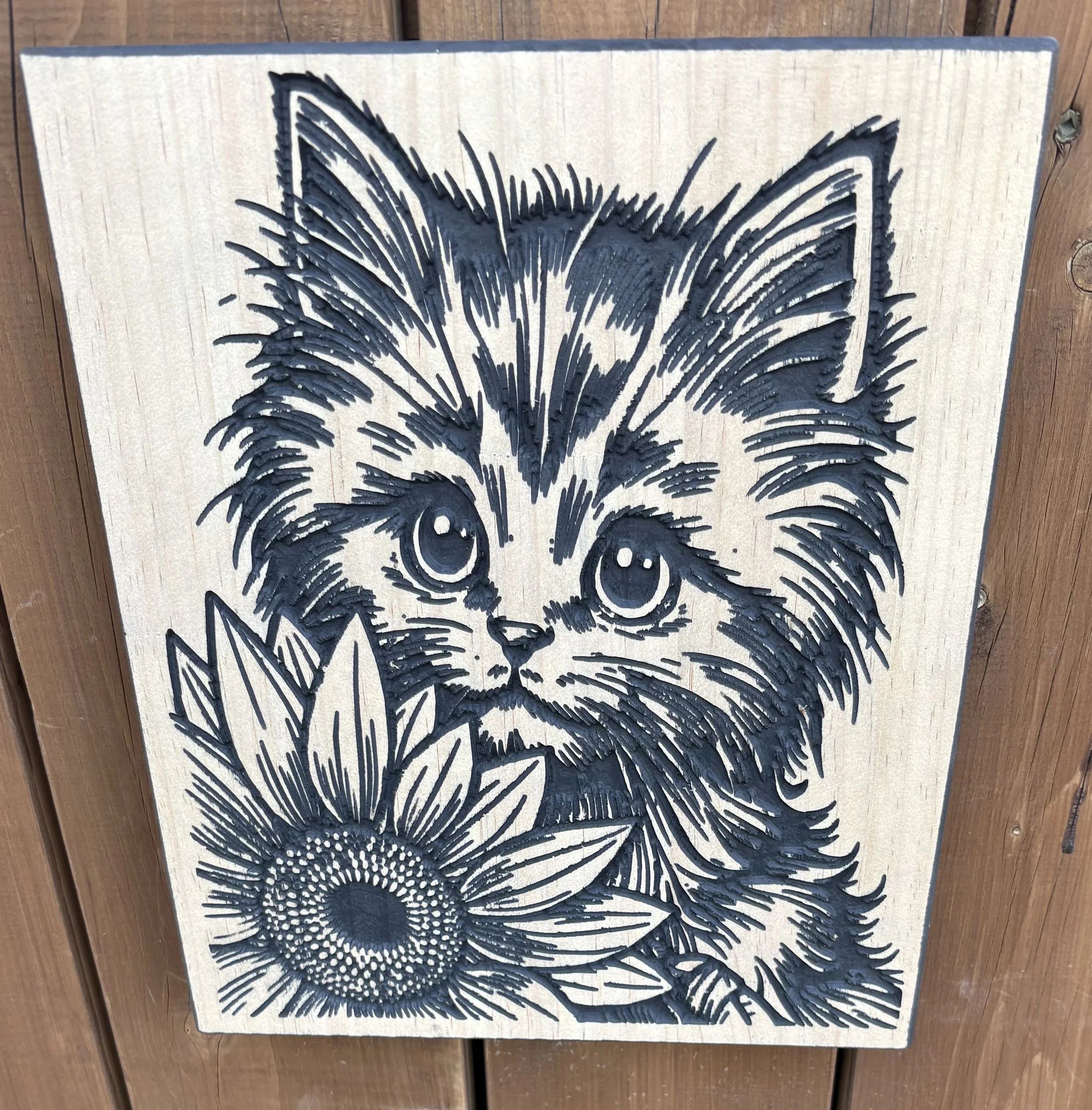 Handcrafted Kitten & Sunflower Wooden Wall Art  12x10