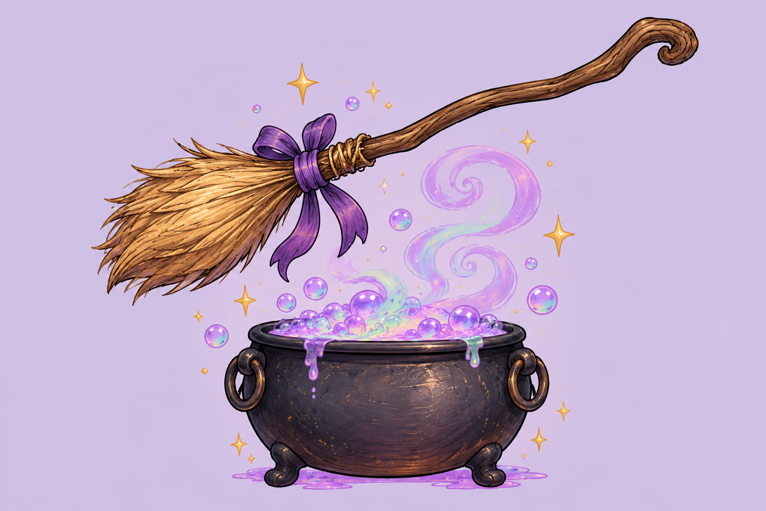 Illustrated witch’s broom hovering over a bubbling black cauldron filled with iridescent purple potion and sparkles
