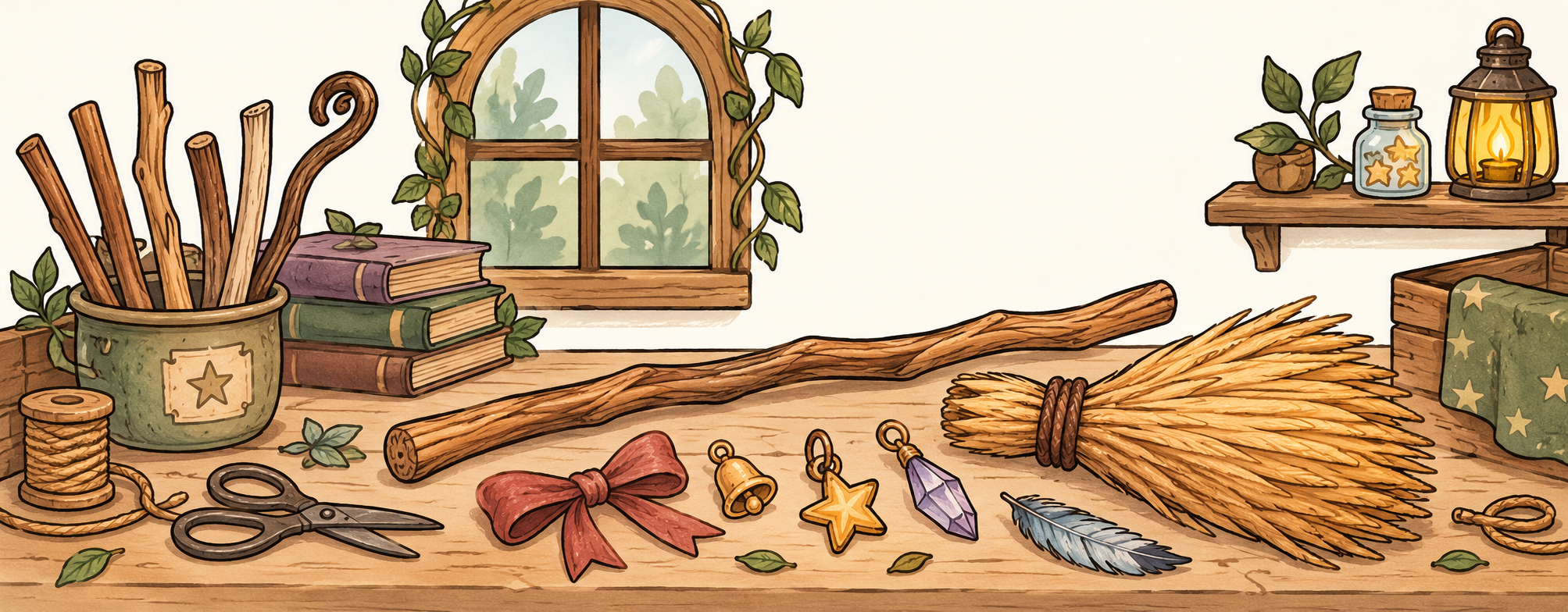 Rustic craft workspace with wooden sticks, books, scissors, ribbon, bells, star ornaments, feathers, a broom, lantern, window, and shelves of supplies