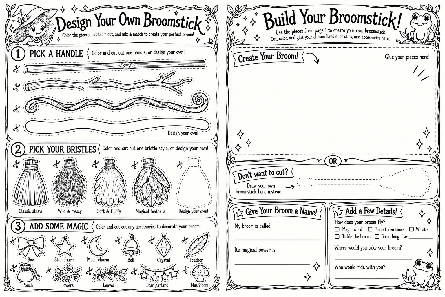 Printable children's broomstick craft worksheet with cut-out handles, bristle styles, magical accessories, and pages for designing, naming, and decorating a custom broom.