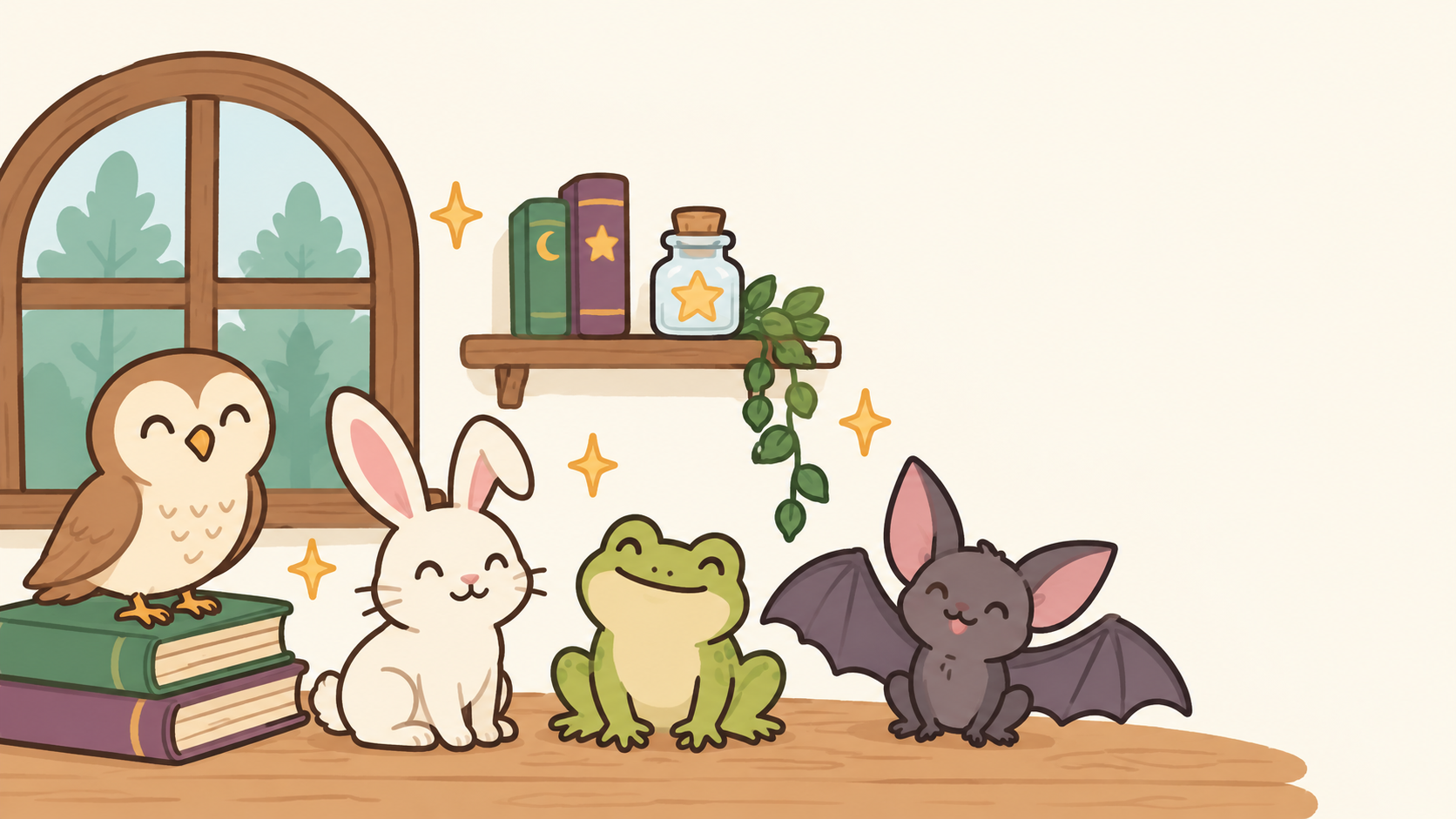 Cute illustrated owl, rabbit, frog, and bat beside stacked books, a window, and a shelf with magical books, potion jar, and trailing plant