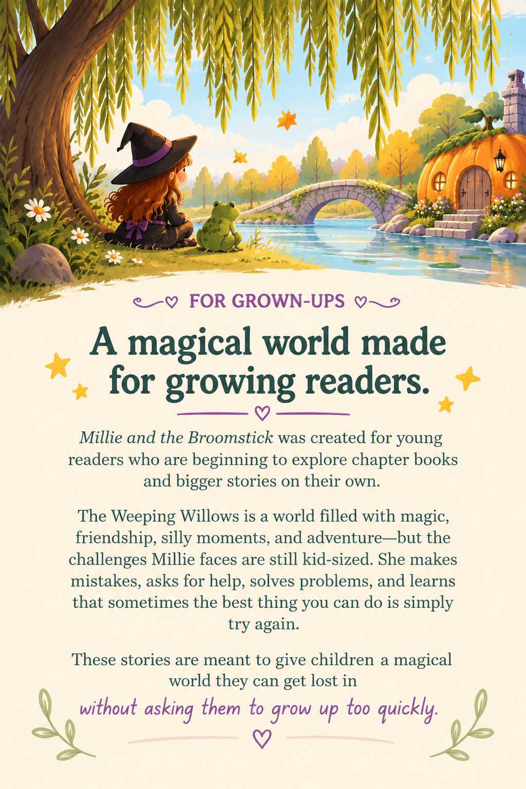 Illustrated children’s book page featuring a young witch and frog by a magical river, with text promoting Millie and the Broomstick for growing readers.