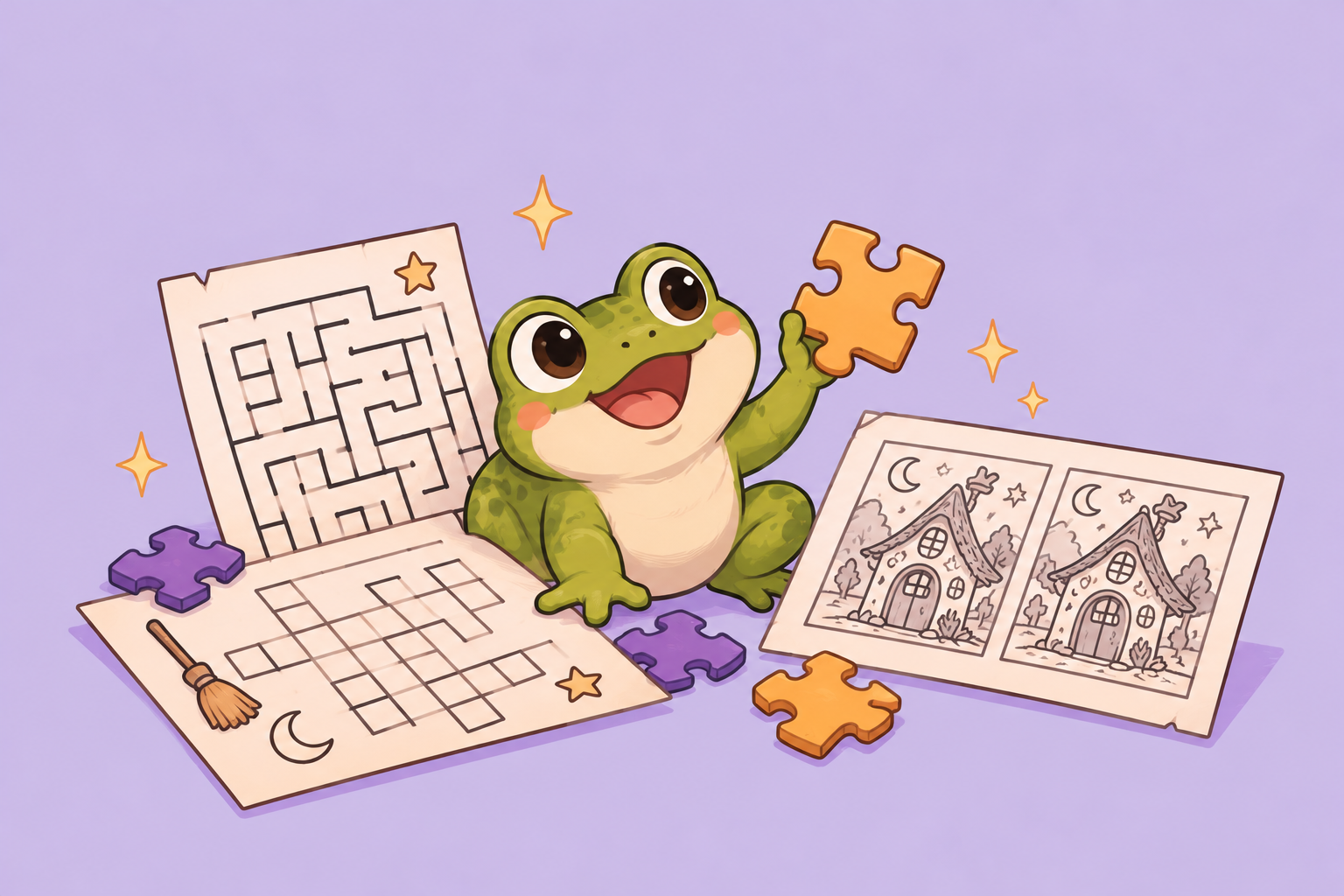Cheerful cartoon frog holding a puzzle piece amid maze drawings, house illustrations, scattered puzzle pieces, and a broom on a purple background.