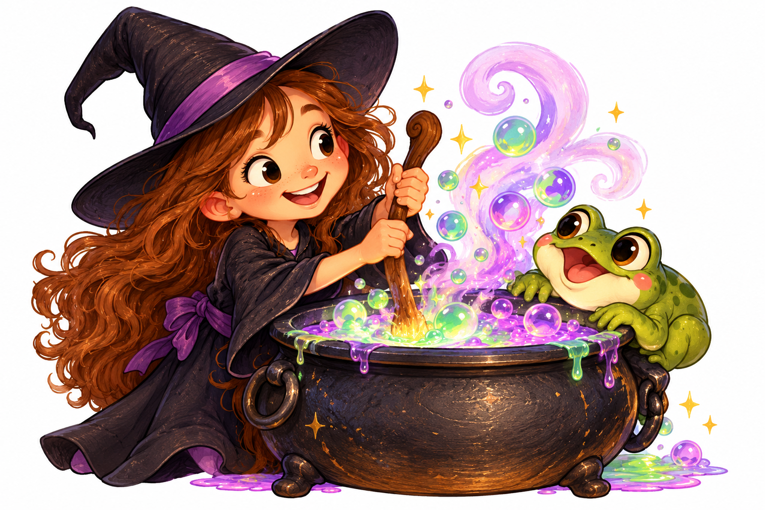 Cartoon witch girl stirring a bubbling magical cauldron beside a smiling green frog