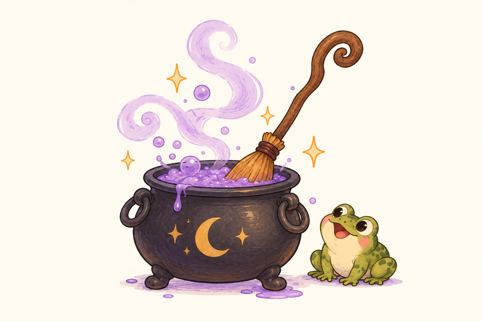 Whimsical illustration of a bubbling purple cauldron with a wooden broom and a cheerful frog beside it
