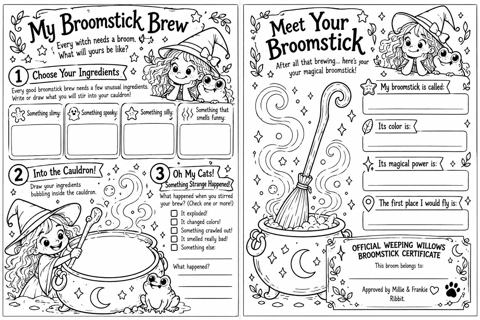 Printable black-and-white witch-themed broomstick activity worksheet with ingredients, cauldron brewing prompts, and a personalized magical broomstick certificate featuring a cartoon witch and frog
