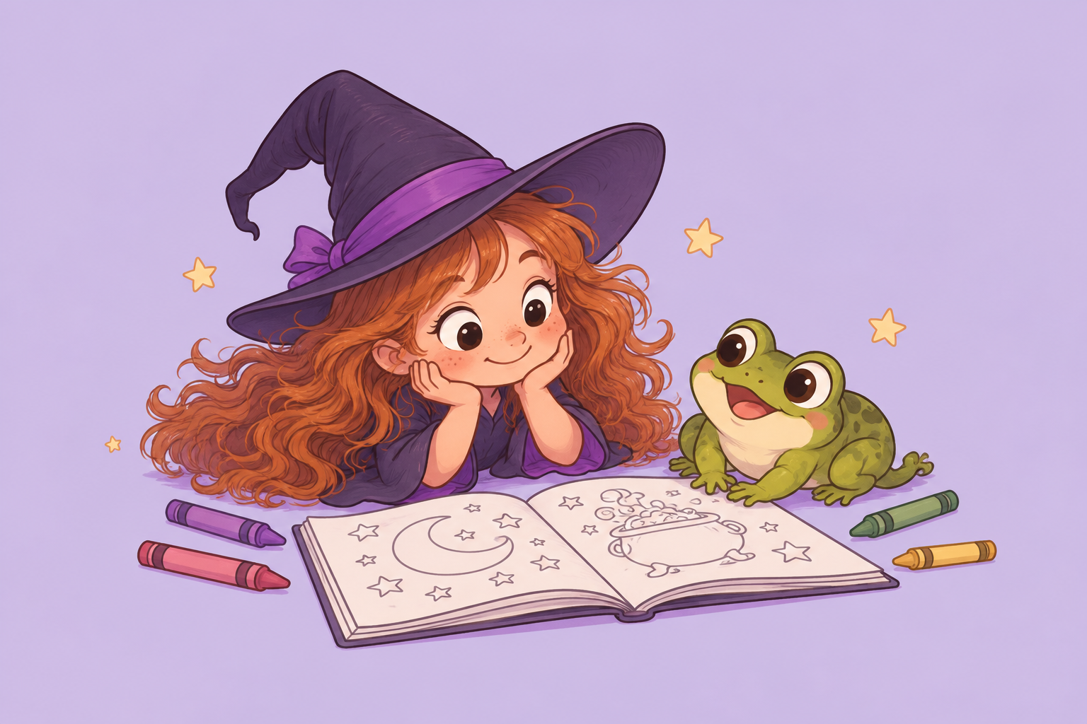 Cute illustrated witch girl with red hair and a frog coloring in a magical coloring book surrounded by crayons and stars