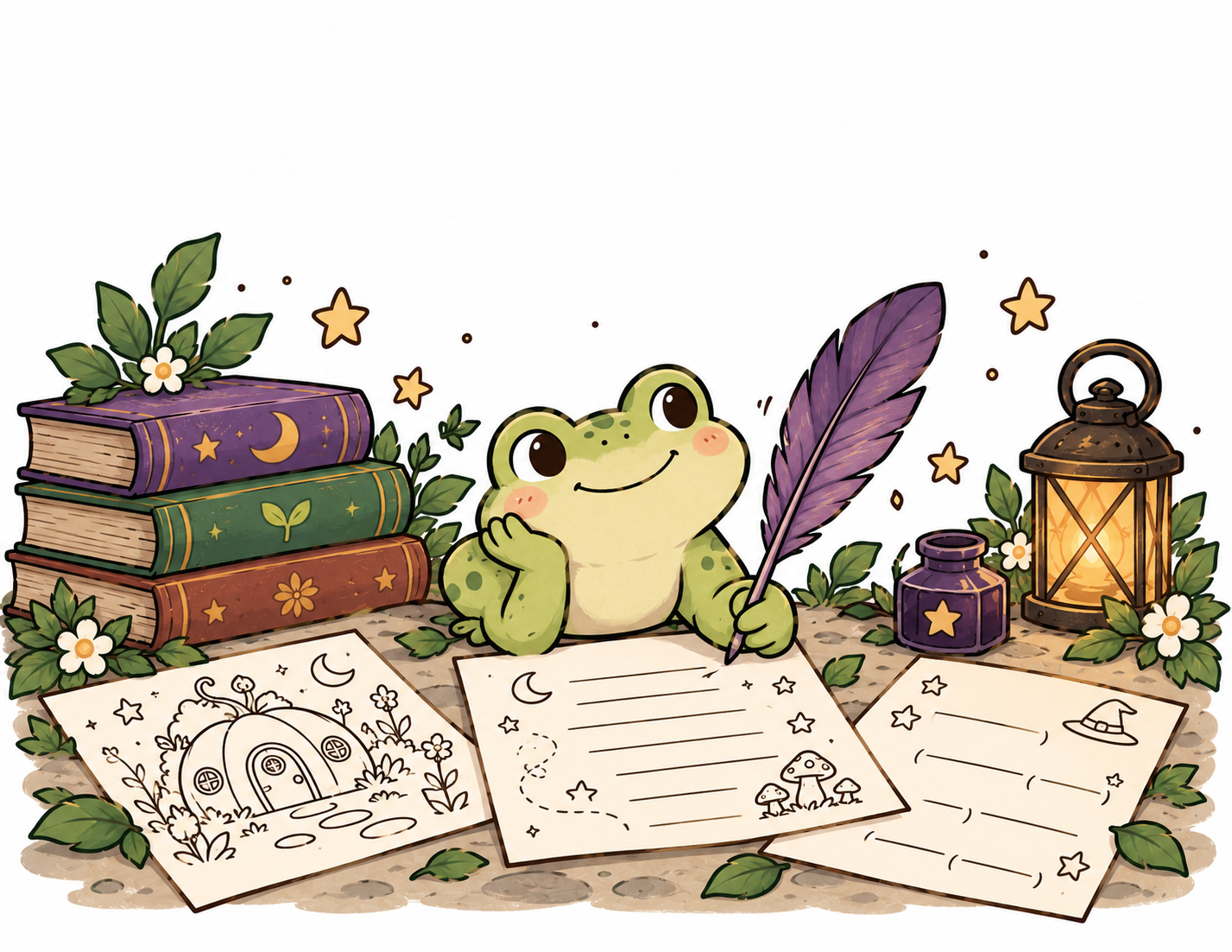 Whimsical cartoon frog writing with a purple quill beside magical books, lantern, flowers, stars, and illustrated papers.