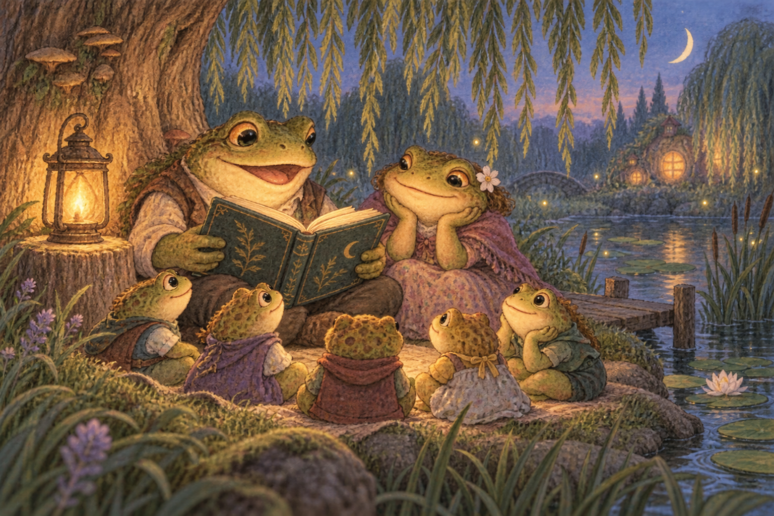 Whimsical family of frogs reading a storybook beside a lantern-lit pond under a crescent moon