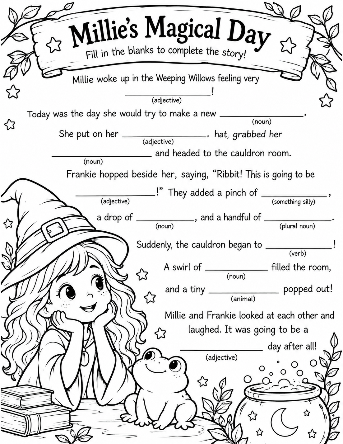 Printable children's Mad Libs worksheet titled “Millie’s Magical Day,” featuring a young witch, frog companion, bubbling cauldron, books, stars, and leafy decorations.